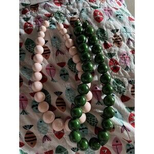 Vintage Wood Bead Necklaces One Green And One Pink Lot 2 MCM Jewelry